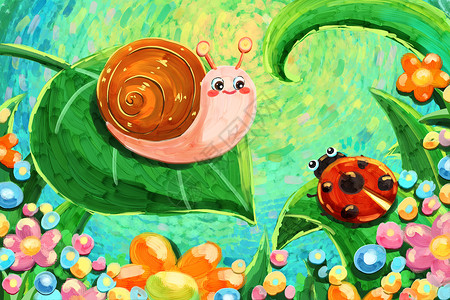 油画风春天蜗牛与瓢虫插画背景图片