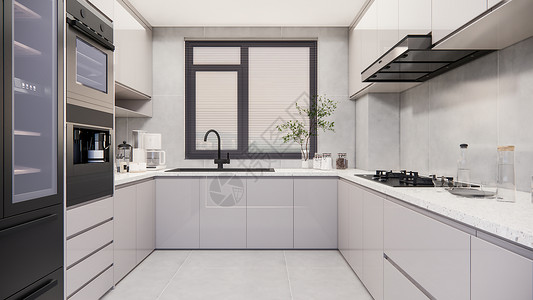 立体效果图现代U型厨房设计图片