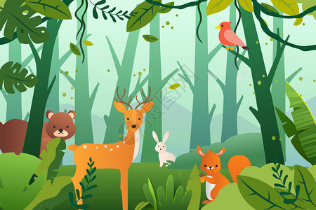 野生鸟野生动物日森林可爱动物插画