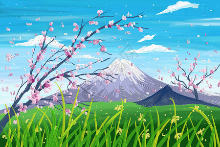 春天油画质感草地天空花朵雪山背景图片