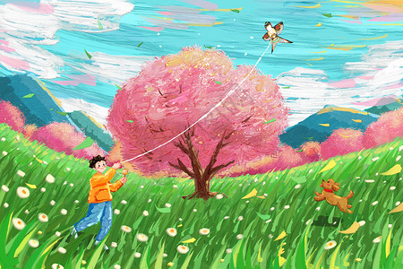 油画风春天春分樱花树下放风筝插画背景图片