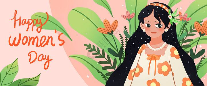 妇女节花卉中的女孩插画banner背景图片