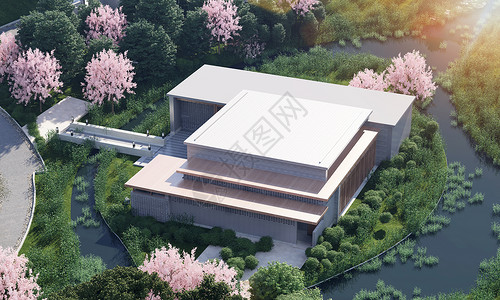 樱花树木3D春天建筑场景设计图片