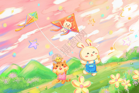 油画棒梦幻涂鸦春天放风筝的小动物插画背景图片