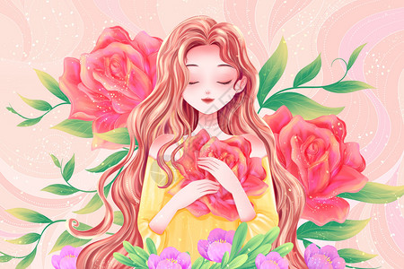 三月花朵唯美长发女生抱着花插画插画