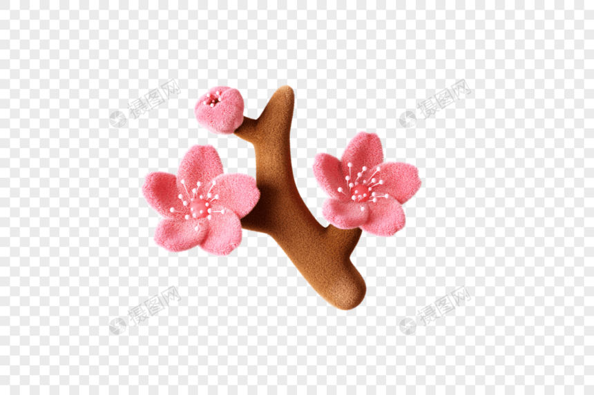 创意C4D毛绒粉色樱花花卉3D立体模型图片