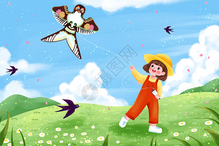 草地上放风筝的女孩插画图片
