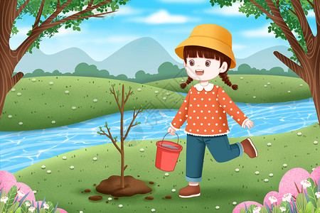 保护环境的女孩植树节在河边种树的女孩插画