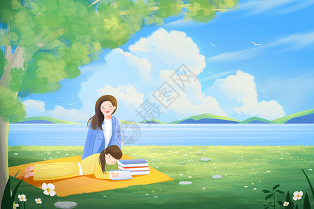 野餐一家人春天春季小女孩和妈妈野餐可爱治愈系风景插画