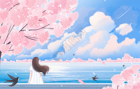 海边美丽景色春天唯美治愈女生看樱花海边风景背景插画