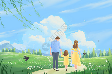 女儿与父母春天温馨一家人户外踏青赏花插画背景插画