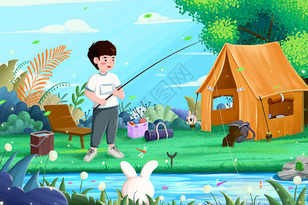 露营钓鱼的男生插画图片