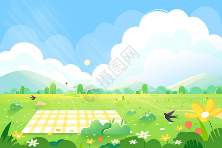 春天卡通唯美蓝天白云草地风景背景图片素材