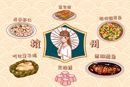 卡通杭州美食插画