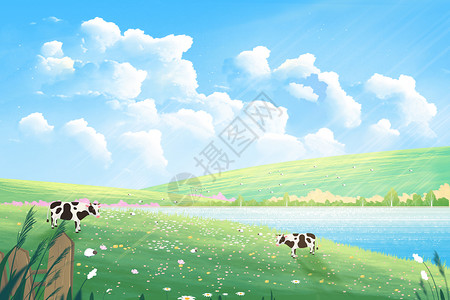河流草原小清新春天治愈春暖花开绿色的草原和天空背景插画