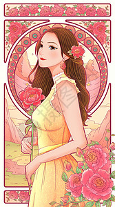 女神节妇女节少女牡丹花卉卡牌海报竖版插画高清图片