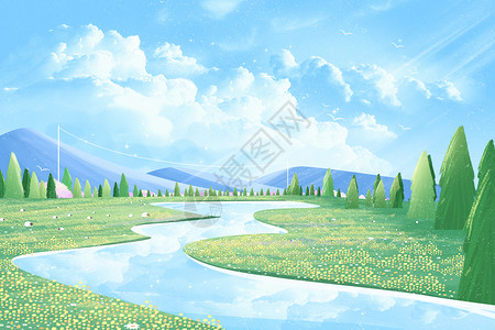 有氧环保背景春天唯美天空蓝天白云大草原插画背景插画