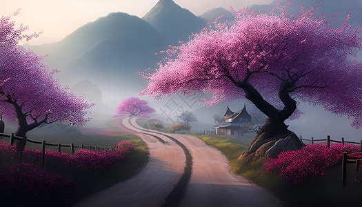 桃花路桃花开风景插画