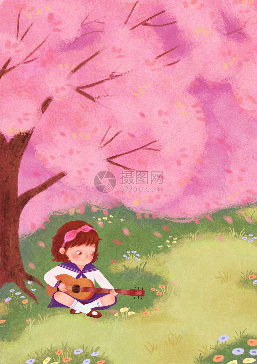 春日樱花树下弹琴绘本插画图片