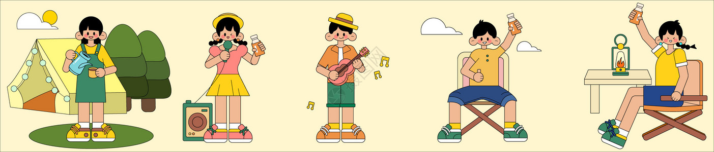 男孩弹吉他扁平人物女孩SVG露营插画插画