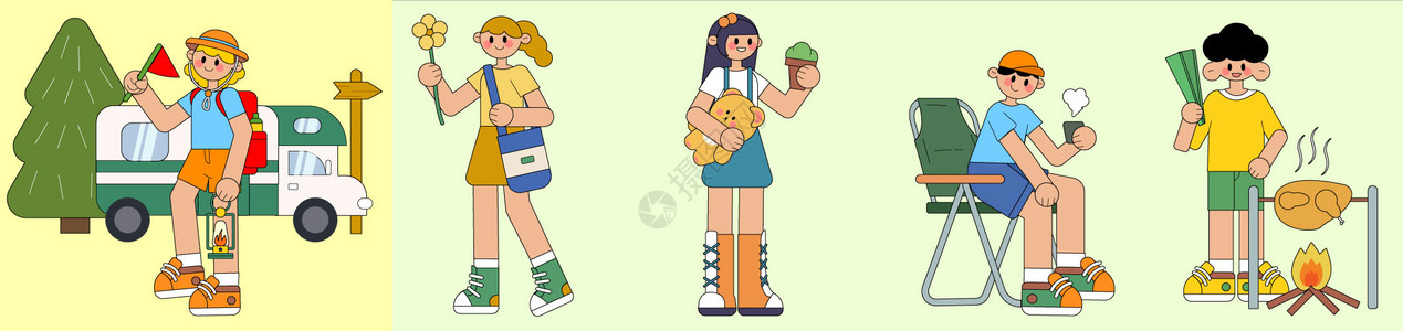 抱着桃子的男孩扁平人物女孩拿着旗子女孩SVG露营插画插画