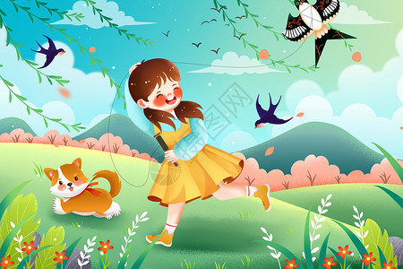 春分放风筝春游的女生和小狗背景图片