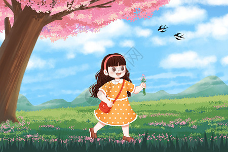 春天草地上的小女孩背景图片
