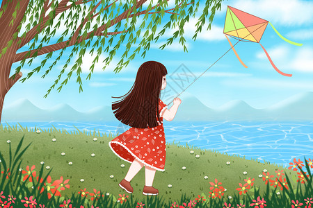 春天放风筝的女孩背景图片