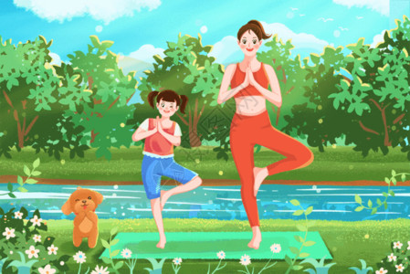 妈妈做腊八粥练瑜伽的妈妈和女儿插画GIF高清图片
