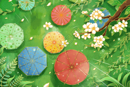 植物与雨伞治愈清新春天清明雨下的伞插画GIF高清图片