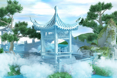 3d喷泉素材3D中式古风凉亭设计图片