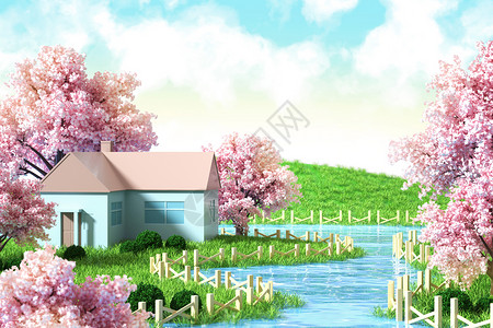 小白兔和小河兔春日樱花季场景设计图片
