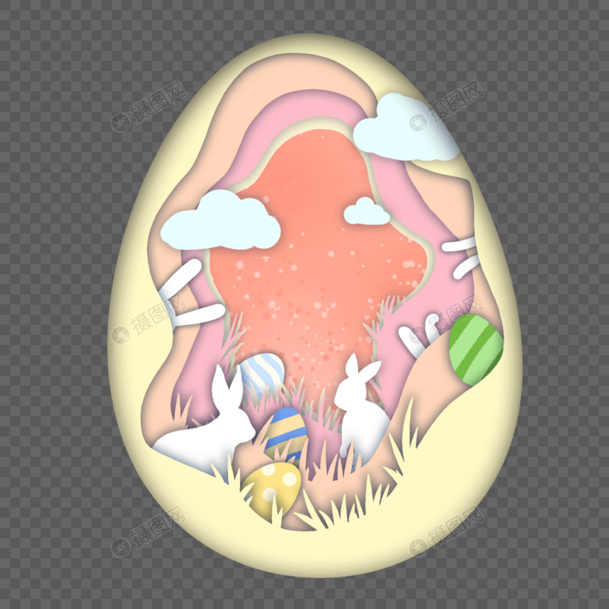 粉色剪纸风复活节兔子彩蛋云朵元素图片