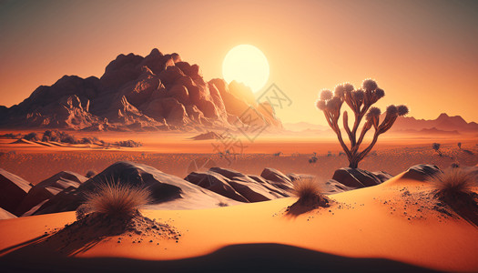 夏天的沙漠日落美景背景图片