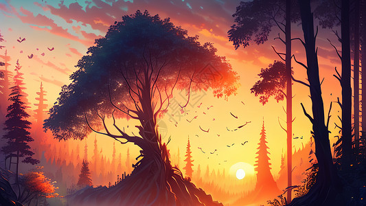 日落森林背景图片