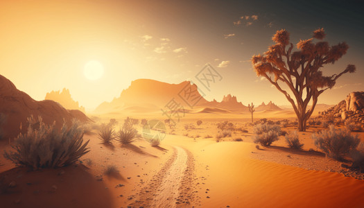 沙漠脚印沙漠日落荒芜风景插画