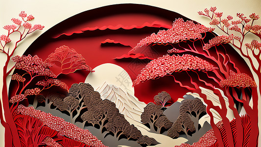 红色樱花树细节刻画高清图片