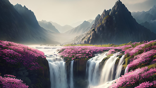 山花瀑布背景图片