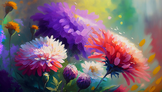 绚丽的花朵美丽花园油画插画图片