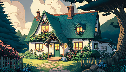 可爱卡通森林里房子背景图片