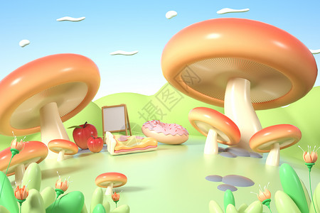 春季蘑菇甜点场景背景图片