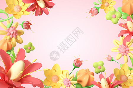 手绘春天花朵母亲节鲜花祝福春季花朵围绕背景设计图片