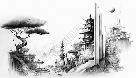 禅宗建筑禅意休闲城市景观黑白线描手绘插画