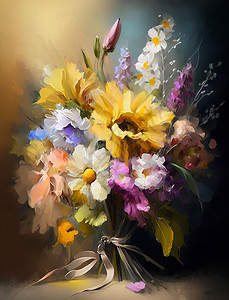 花束油画印象派向日葵非洲菊兰花竖版高清图片素材