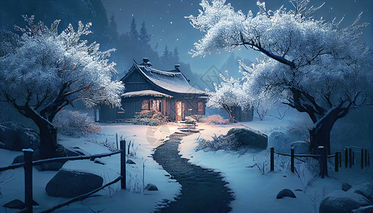 花间小路下雪后山间小屋夜景插画