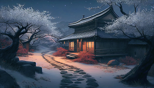 日本横滨夜景高清下雪后山间小屋夜景插画