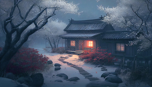 下雪后山间小屋夜景背景图片