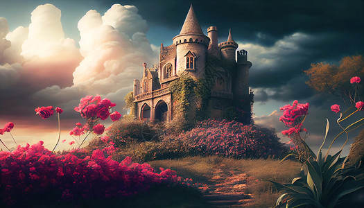 玫瑰花园城堡插画