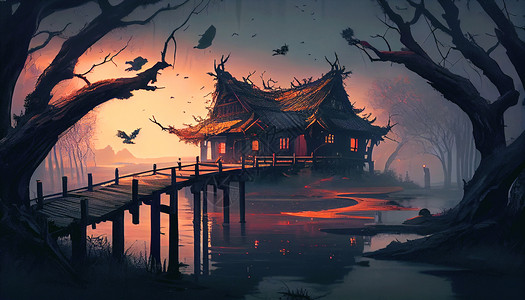 中式桥风景背景图片
