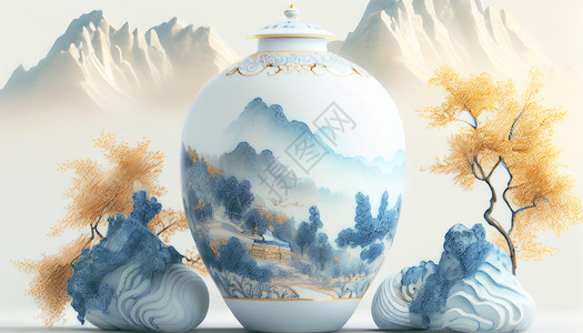 中国风陶瓷名片中式陶瓷绘画插画